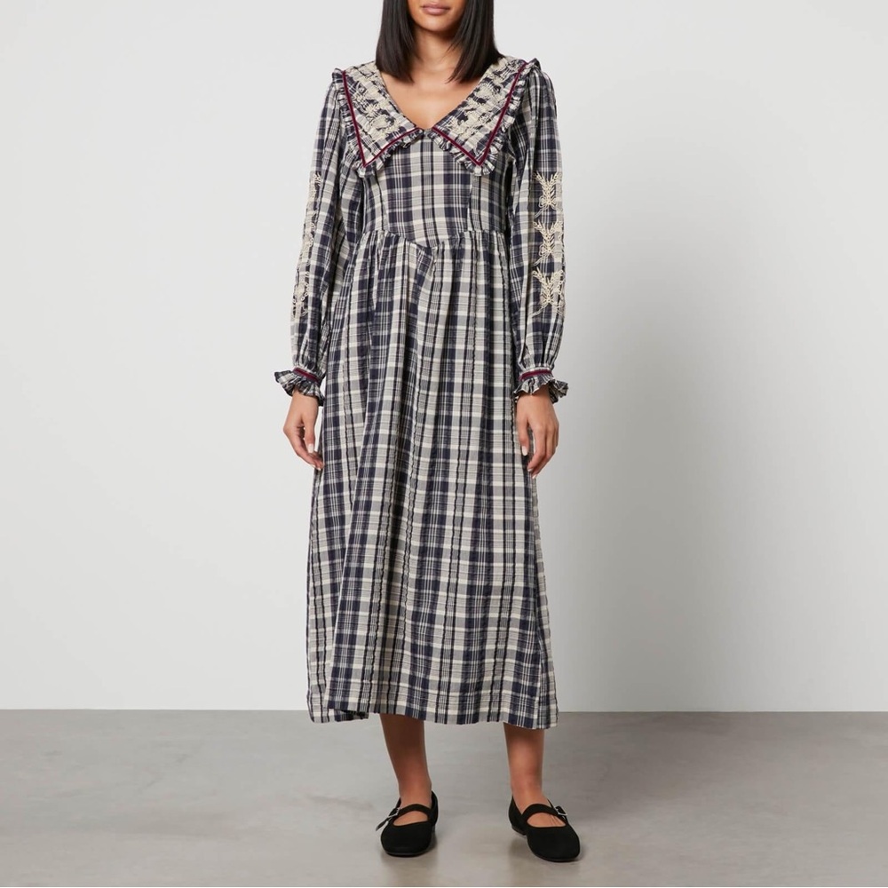 Damson Madder maude collar detail check midi dress in blue multi